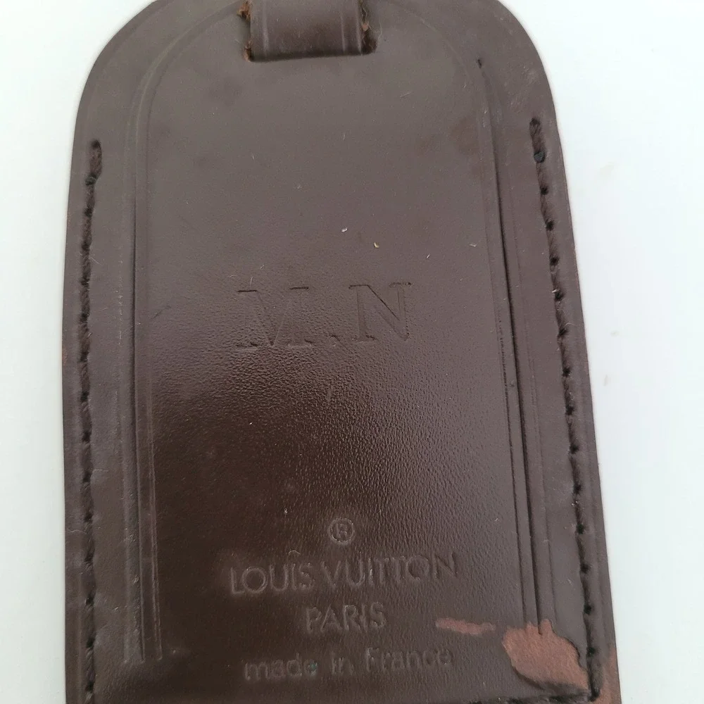 Louis Vuitton Brown Leather Luggage Tag Gold Buckle Travel Accessory MN Monogram